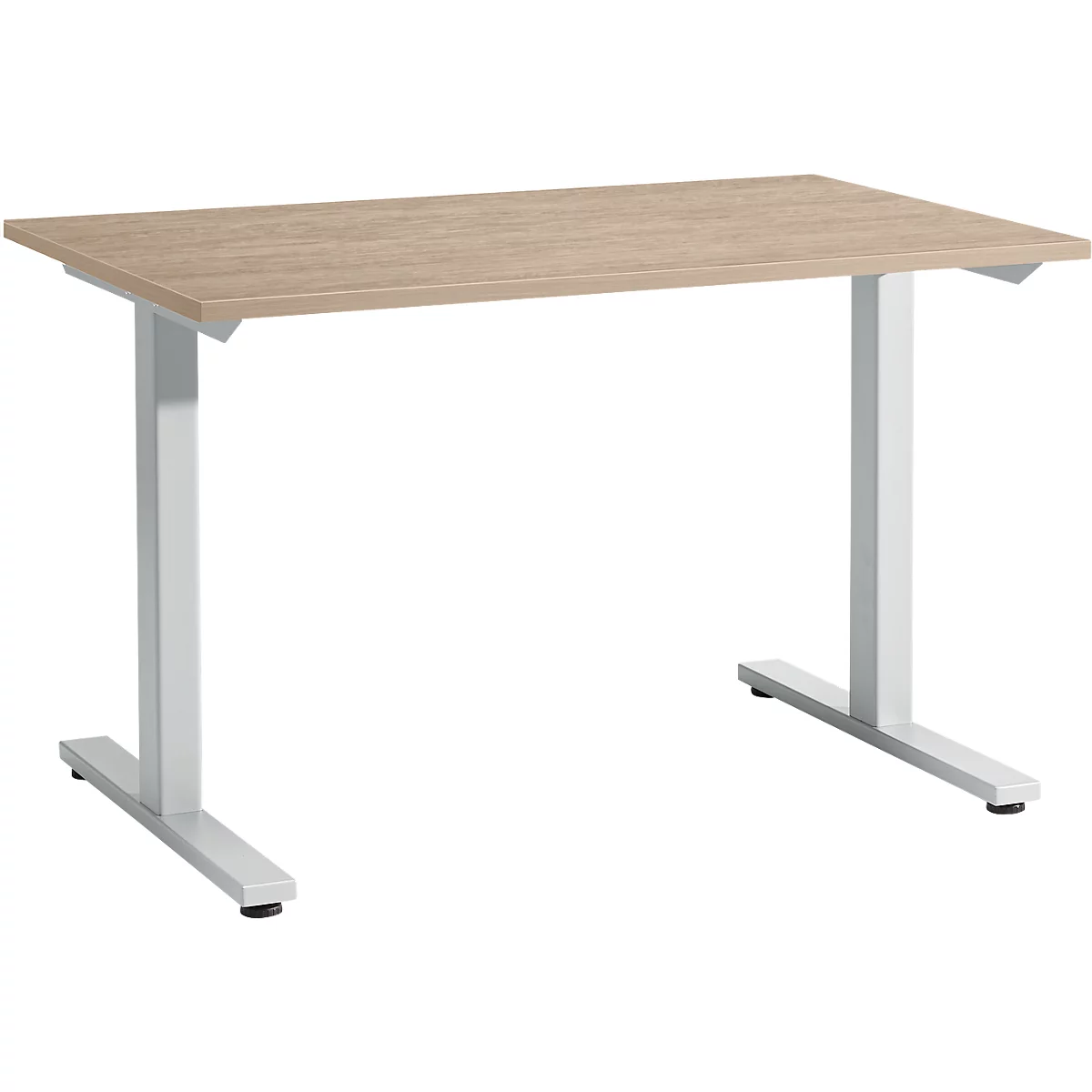 Un escritorio de madera clara con estructura metálica blanca, sobre fondo blanco.